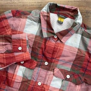 Eddie Bauer Shirt Women Small Red Pink Plaid Button Up Travex Long Sleeve Ladies